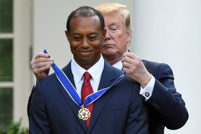 Tiger Woods receives the Presidential Medal of Freedom, Americas highest civilian award, from President Donald Trump in the Rose Garden, White House, Washington, D.C., on May 6, 2019. Photo by Reuters