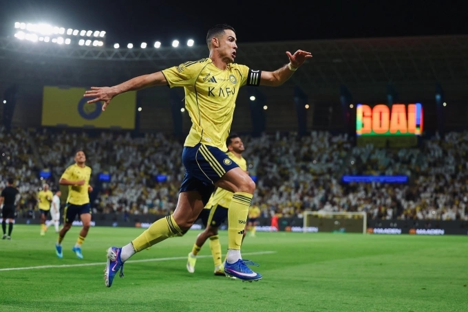 Al Nassrs Cristiano Ronaldo celebrates after scoring against Al Najma in the Saudi Pro League on April 3, 2026. Photo by Al Nassr