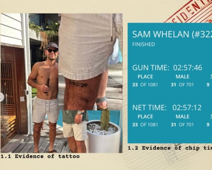 The Official Marathon Time Integrity Unit (OMTIU) exposes a runner who got a tattoo claiming faster marathon time than their actual performance. Photo by OMTIU