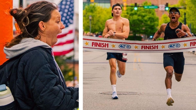 An official was astonished when Joshua Jackson unexpectedly crossed the finish line ahead of Carson Mello at the Delaware Marathon on April 20, 2026. Photo by Corrigan Sports Enterprises