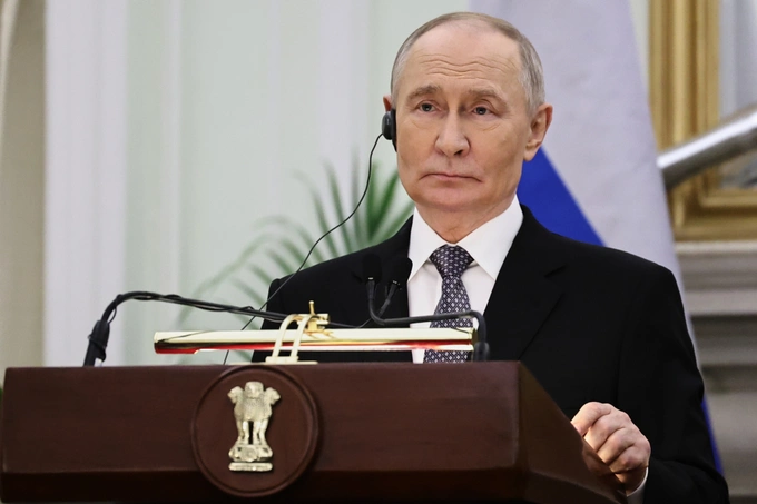 Russian President Vladimir Putin pauses as he and Indian Prime Minister Narendra Modi make a press statement after their talks at the Hyderabad House in New Delhi, India, Friday, Dec. 5, 2025. Photo by AP