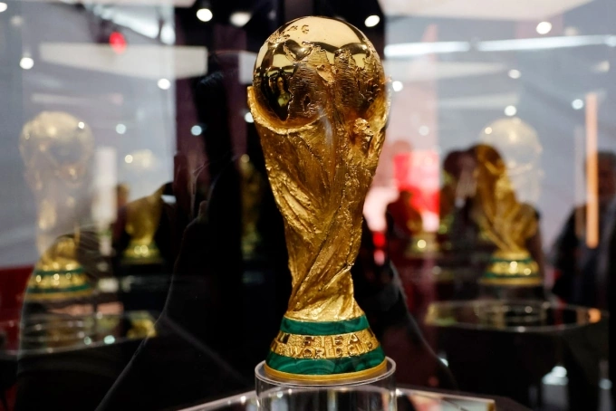 The FIFA World Cup trophy on display in Monterrey, Mexico on March 14, 2026. Photo by Reuters