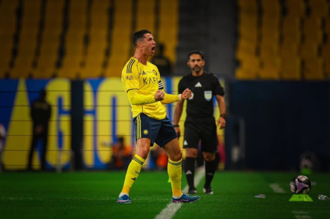 Ronaldo celebrates a goal for Al Nassr in the 4-0 win against Al Hazem in Saudi Pro League on Feb. 21, 2026. Photo by Al Nassr