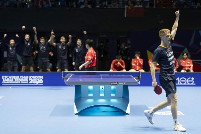 Sweden celebrate their victory over China in the group stage of the World Team Table Tennis Championships at Wembley Stadium, London, England, on May 3, 2026. Photo by ITTF