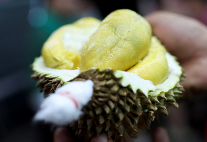 A durian seller shows the fruit sold at Jalan Alor Night Market in Kuala Lumpur, Malaysia March 17, 2026. Photo by Reuters