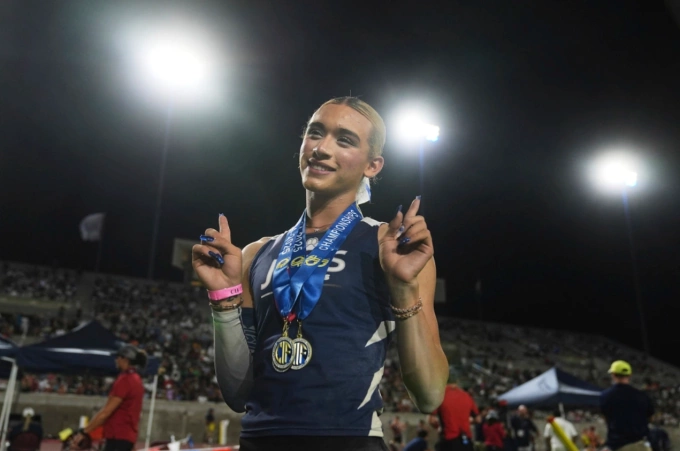 Transgender athlete AB Hernandez of Jurupa Valley High School, at a competition in California in 2025. Photo by AP