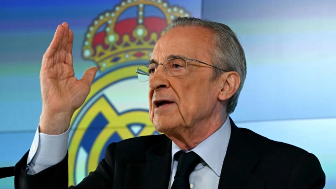 Real Madrid president Florentino Perez addresses the media after a stormy season at the Spanish giants. Photo by AFP