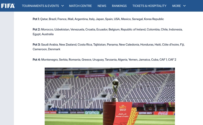 A screenshot of FIFAs list of seeded teams for the 2026 U17 World Cup that didnt not include Vietnam and China.