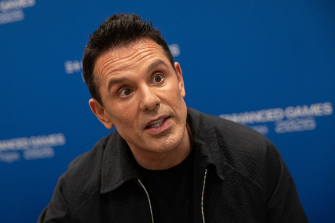 German billionaire and co-founder of Enhanced Games, Christian Angermayer, speaks to the media on May 23, 2026, in Las Vegas, Nevada, US. Photo by AFP