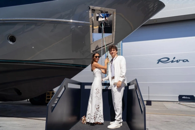 Charles Leclerc and his wife Alexandra Saint Mleux at the yachts launch ceremony. Photo by Riva
