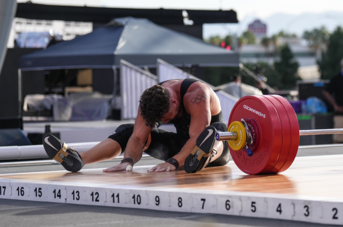 Canadian weightlifter Boady Santavy after his failed attempt at the Enhanced Games, where he was still given an extra chance to compete. Photo by AP