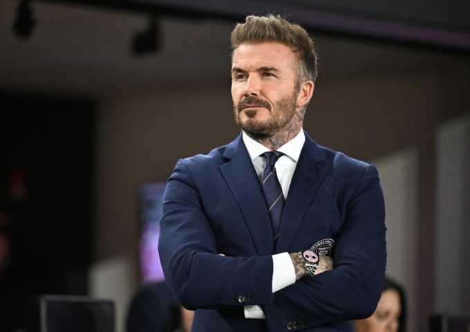 Inter Miamis co-owner David Beckham looks on during the Major League Soccer (MLS) football match between Inter Miami and New York City at Chase Stadium in Fort Lauderdale, Florida on Feb. 22, 2025. Photo by AFP