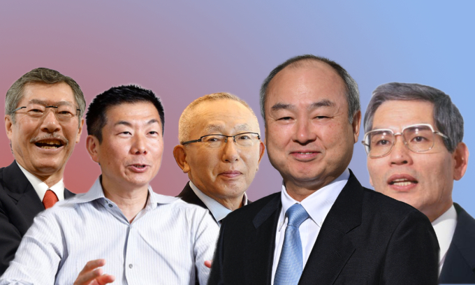 From L: Nobutada Saji, chairman of Suntory Holdings; Kazuma Sekiyam, CEO and president of Disco; Tadashi Yanai, president of Fast Retailing; Masayoshi Son, founder of SoftBank Group; Takemitsu Takizaki, founder of Keyence. Graphic designed by VnExpress/Dat Nguyen. Photos courtesy of AFP, AFLO, Government of India.
