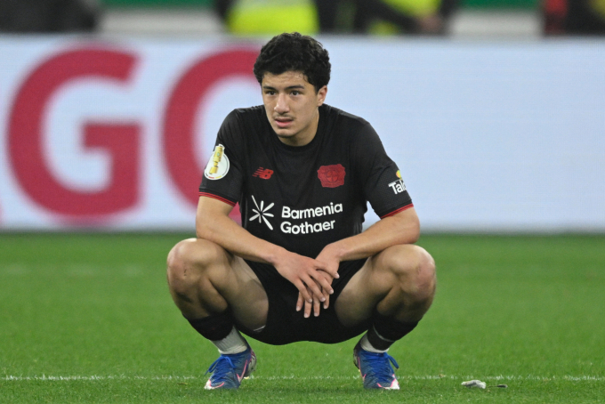 Midfielder Ibrahim Maza reacts after the DFB-Pokal semifinal match between Bayer Leverkusen and Bayern Munich at the BayArena Stadium on April 22, 2026. Photo by AFP