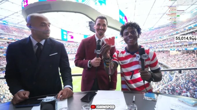 Thierry Henry, Zlatan Ibrahimovic (C) and IShowSpeed (R) during the live coverage for the match between the U.S. and Paraguay on Fox Sports on June 12, 2026. Photo courtesy of IShowSpeed