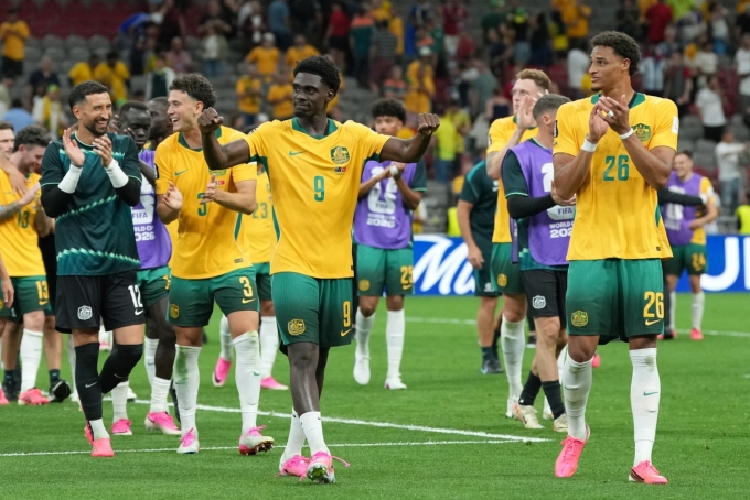 Australias Mohamed Toure (9) and Tete Yengi (26) celebrate after the World Cup Group D football match between Australia and Turkey in Vancouver, British Columbia, June 14, 2026. Photo by AP