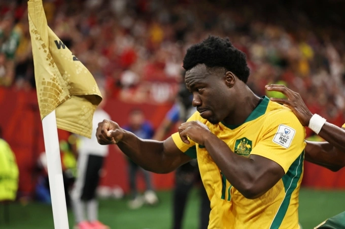 Australias Nestory Irankunda (17) celebrates scoring the first goal against Turkey during the World Cup Group D football match, in Vancouver, British Columbia, June 13, 2026. Photo by AP