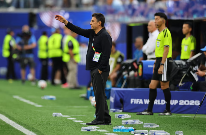 Coach Amir Ghalenoei reacts during Irans 2-2 draw with New Zealand in the opening match of Group G at the World Cup in Inglewood, California, USA, on June 15, 2026. Photo by Reuters