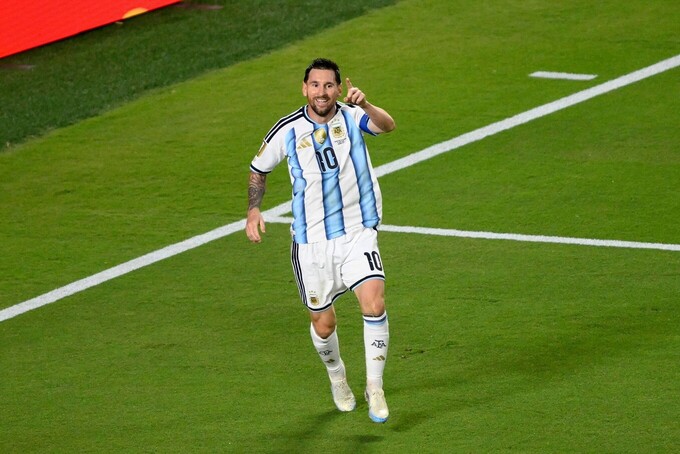 Messi celebrates his goal that put Argentina 3-0 up in their victory over Algeria in their opening match of Group J at the World Cup in Kansas City, USA, on June 16, 2026. Photo by AP