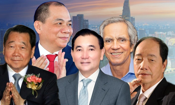 From L: Dhanin Chearavanont, senior chairman of Charoen Pokphand Group; Pham Nhat Vuong, chairman of Vingroup; Sarath Ratanavadi, CEO of Gulf Development; Enrique Razon Jr., chairman of the International Container Terminal Services; Jason Chang, chairman of ASE Technology Holding. Graphic by VnExpress/Dat Nguyen. Photos by VnExpress, ASE Group, Gulf Development, Reuters, U.S. Embassy in the Philippines