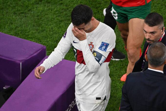 Cristiano Ronaldo leaves the field in tears after losing the 2022 World Cup quarter-final match to Morocco, at Al Thumama Stadium, Qatar, on Dec. 10, 2022. Photo by AFP