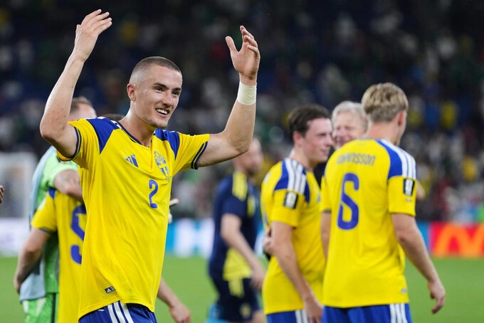 Defender Gustaf Lagerbielke during Swedens 5-1 victory over Tunisia in Group F of the World Cup at the Guadalupe Stadium, near Monterrey, Mexico, on June 14, 2026. Photo by AP