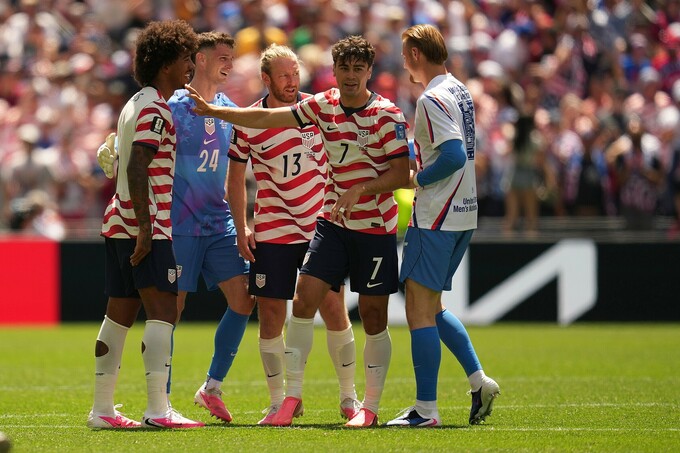 United States players celebrate after the World Cup Group D soccer match between the United States and Australia in Seattle, Friday, June 19, 2026. Photo by AP
