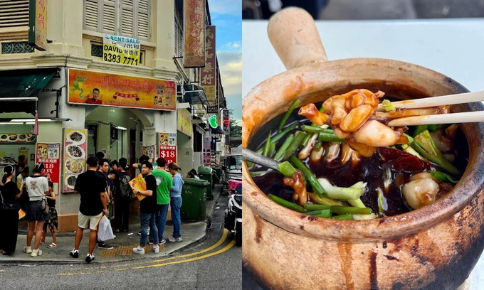 The exterior of Eminent Frog Porridge, and a dish served at the eatery, in Geylang, Singapore. Photos via Google Maps/Doraemon, Ammie Chan