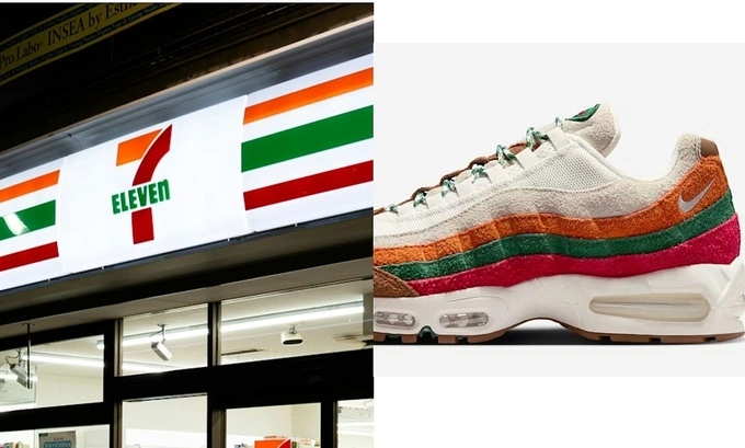 7-Elevens logo and signature stripe design on a store banner (left) and the Nike Air Max 95. Photos: Pexels, Nike