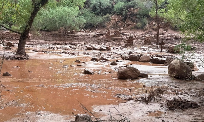Remnants of stone bridge pylons along Bright Angel Creek at the Grand Canyon National Park following a flash flood that destroyed the footbridge on August 29, 2026. Photo courtesy of the Grand Canyon National Park Service