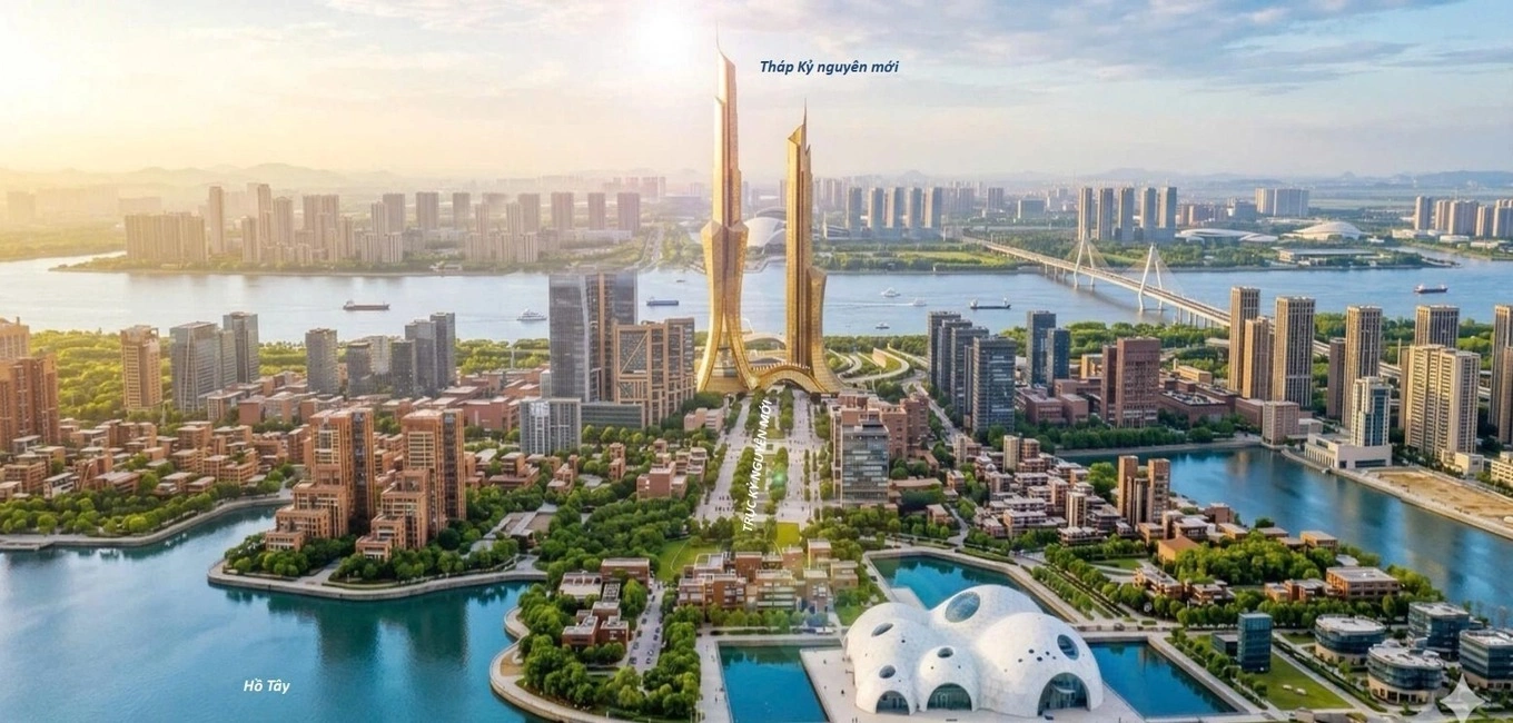 A rendering of the Era Tower in the revised 1:5,000 Red River urban zoning plan. Rendering courtesy of the Hanoi Construction Planning Institute