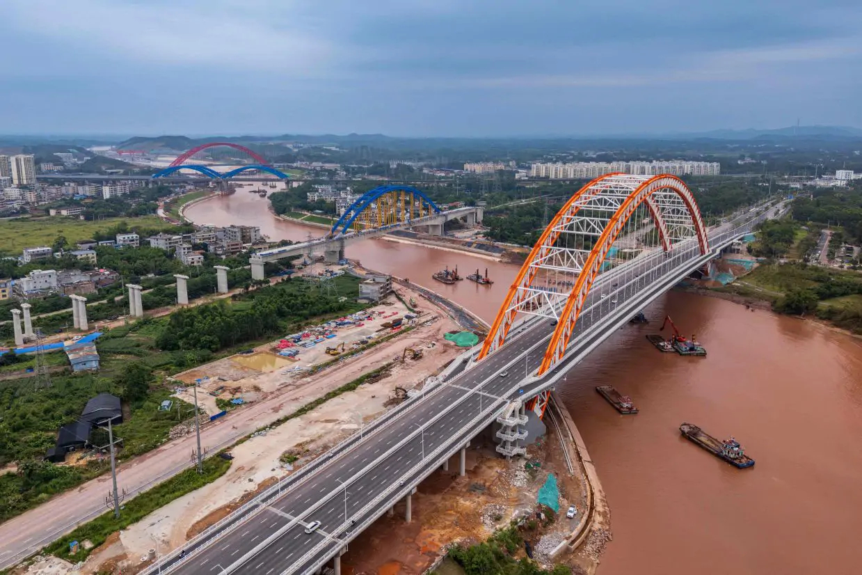 This aerial photo taken on May 9, 2026 shows construction on the Pinglu Canal in Qinzhou, in Chinas southern Guangxi region. Photo by AFP