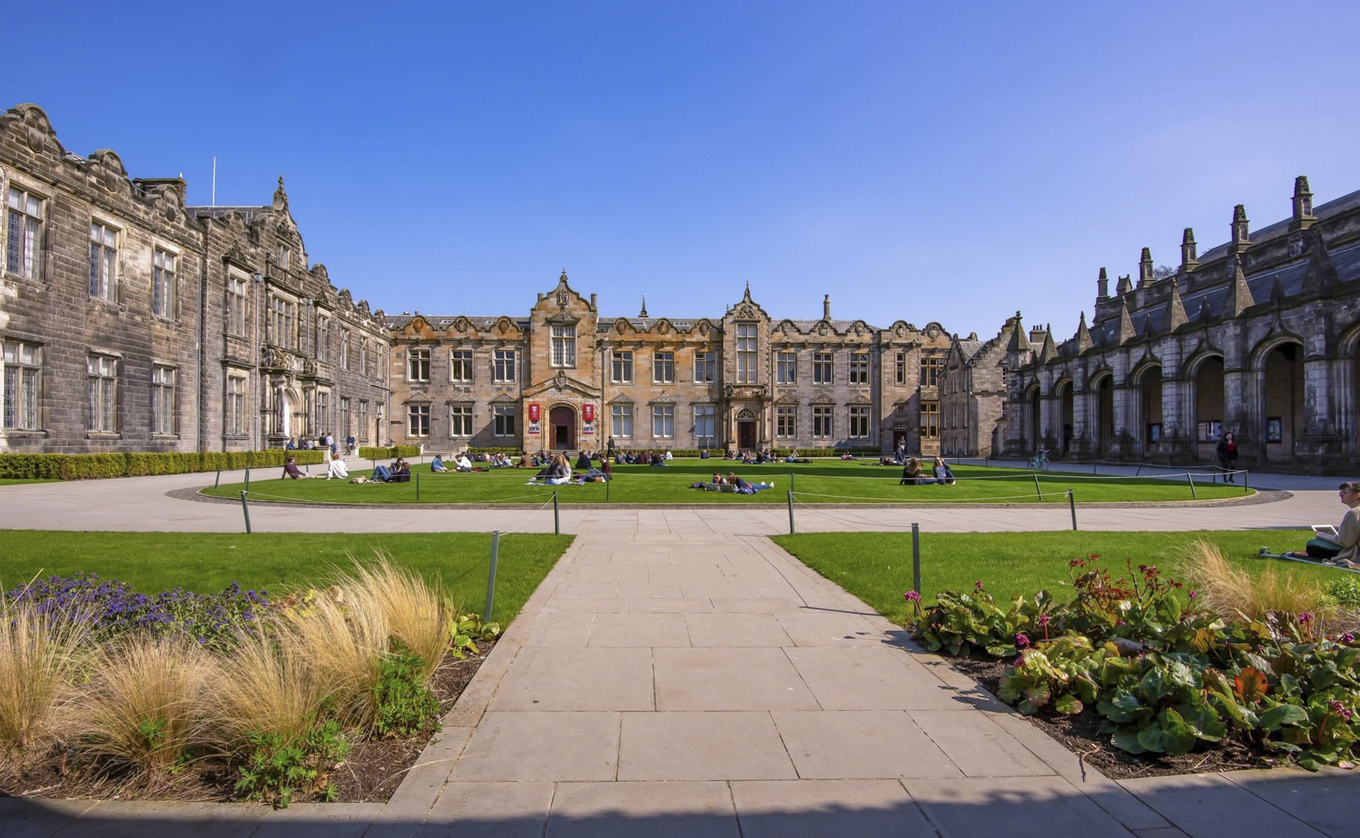Students relax on the lawn at the University of St Andrews in St Andrews, Scotland, Aug, 2026. Photo from the universitys Facebook page