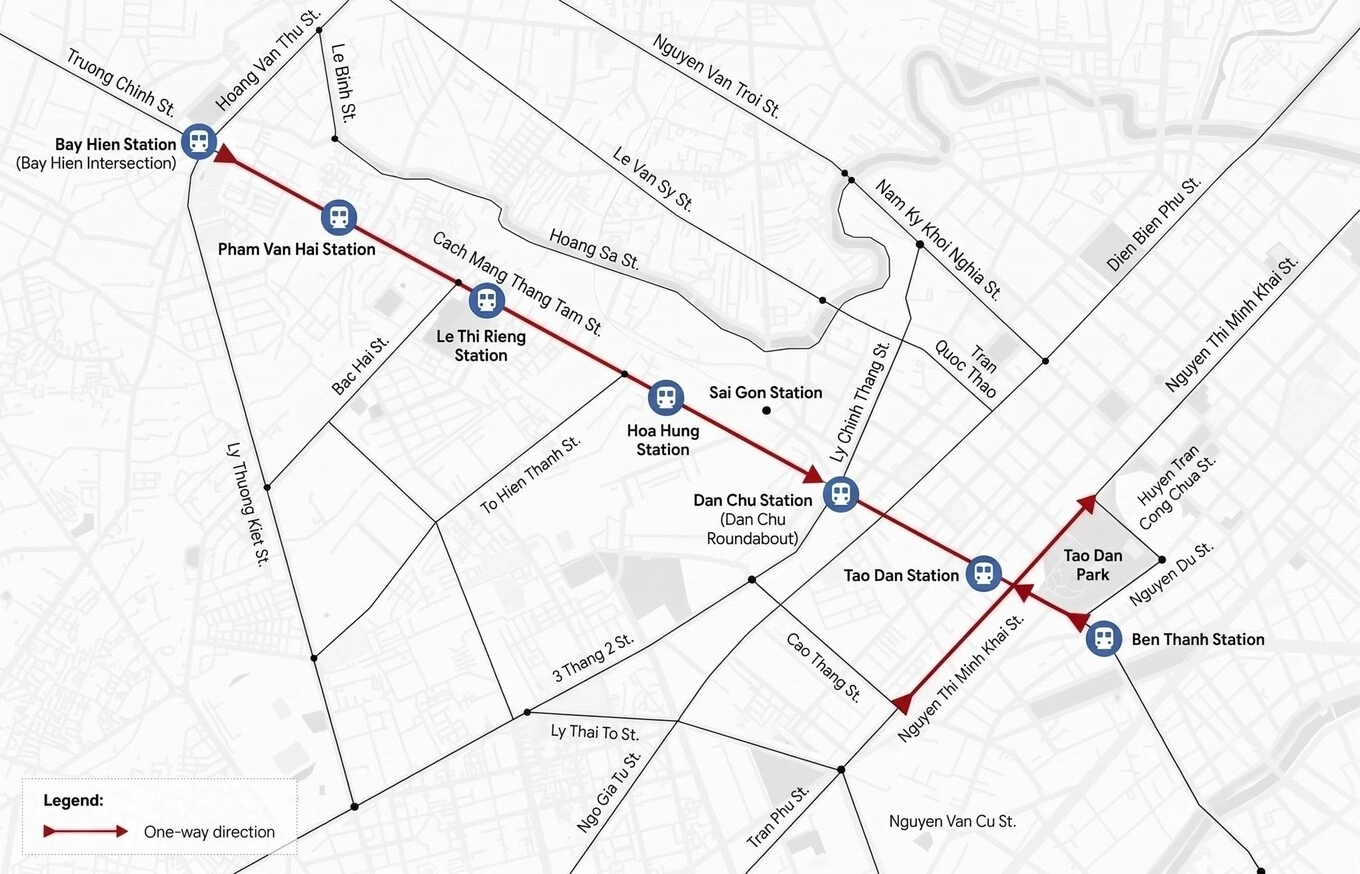 Street sections (in red) are set to be converted from two-way to one-way traffic. Graphic by Tam Thao