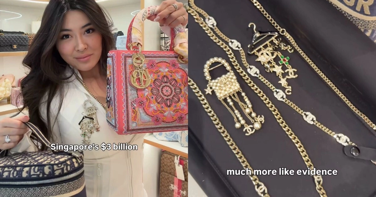 Debbie Brittany Lim holds a limited-edition beaded Dior bag and a Dior vanity case (L), alongside the Chanel brooches and necklaces she won at an auction of goods seized in Singapores S$3 billion money laundering case. Photo courtesy of Instagram
