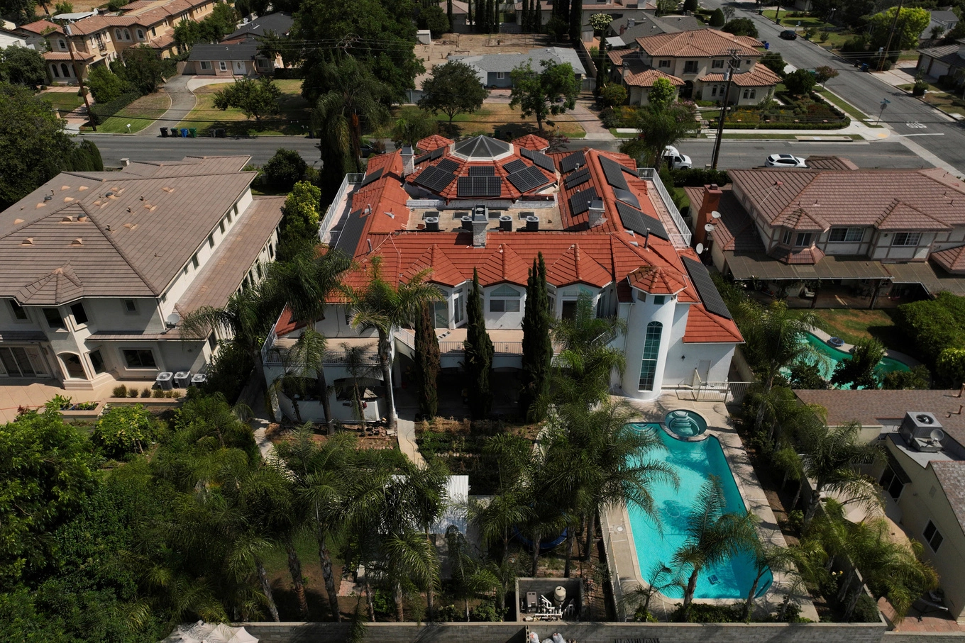 An aerial view shows the home of Silvia Zhang and Guojun Xuan on July 16, 2025, in Arcadia, Califonia, USA. Photo by AP