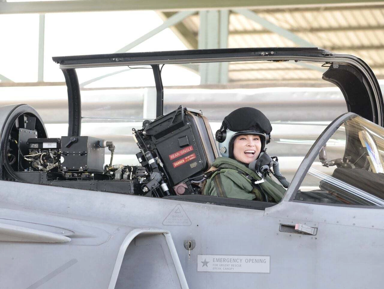 Thailands Queen Suthida in the cockpit of a Gripen fighter jet at the Wing 7 air base in Surat Thani province, Thailand, Oct. 8, 2026. Photo courtesy of Bureau of the Royal Household